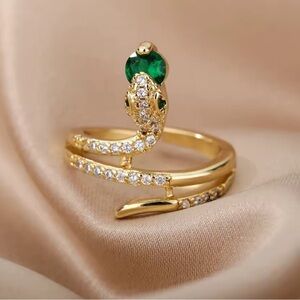 Serpent serpentine Gold Snake Ring – Green Crystal Adjustable Statement